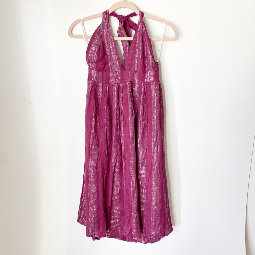 New Lulus Charlize Magenta pink metallic Striped Halter Midi Dress - Picture 5 of 8